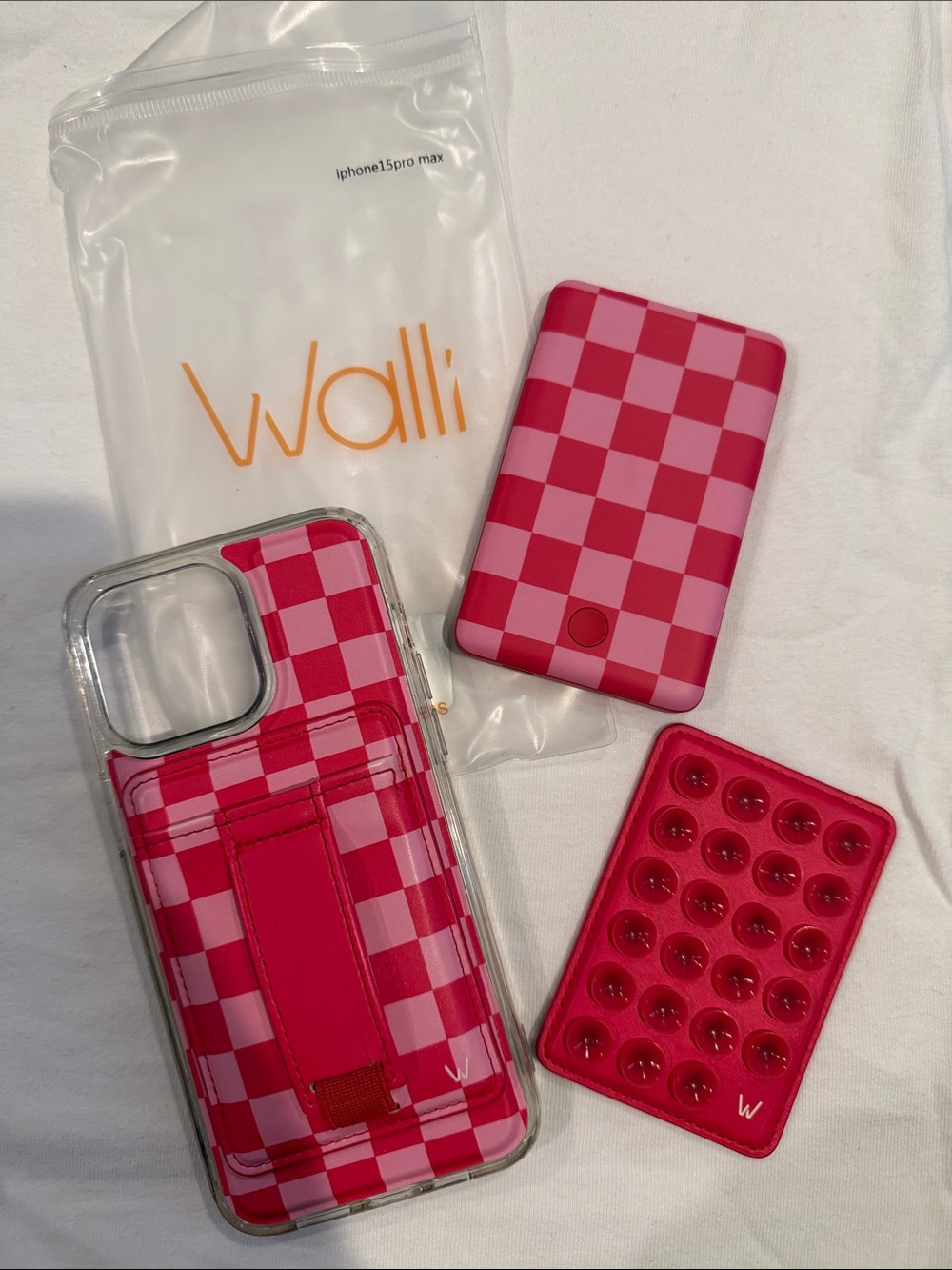 Wallis Pink Checkerboard Phone Case Set with Matching Power Bank & Card Grip